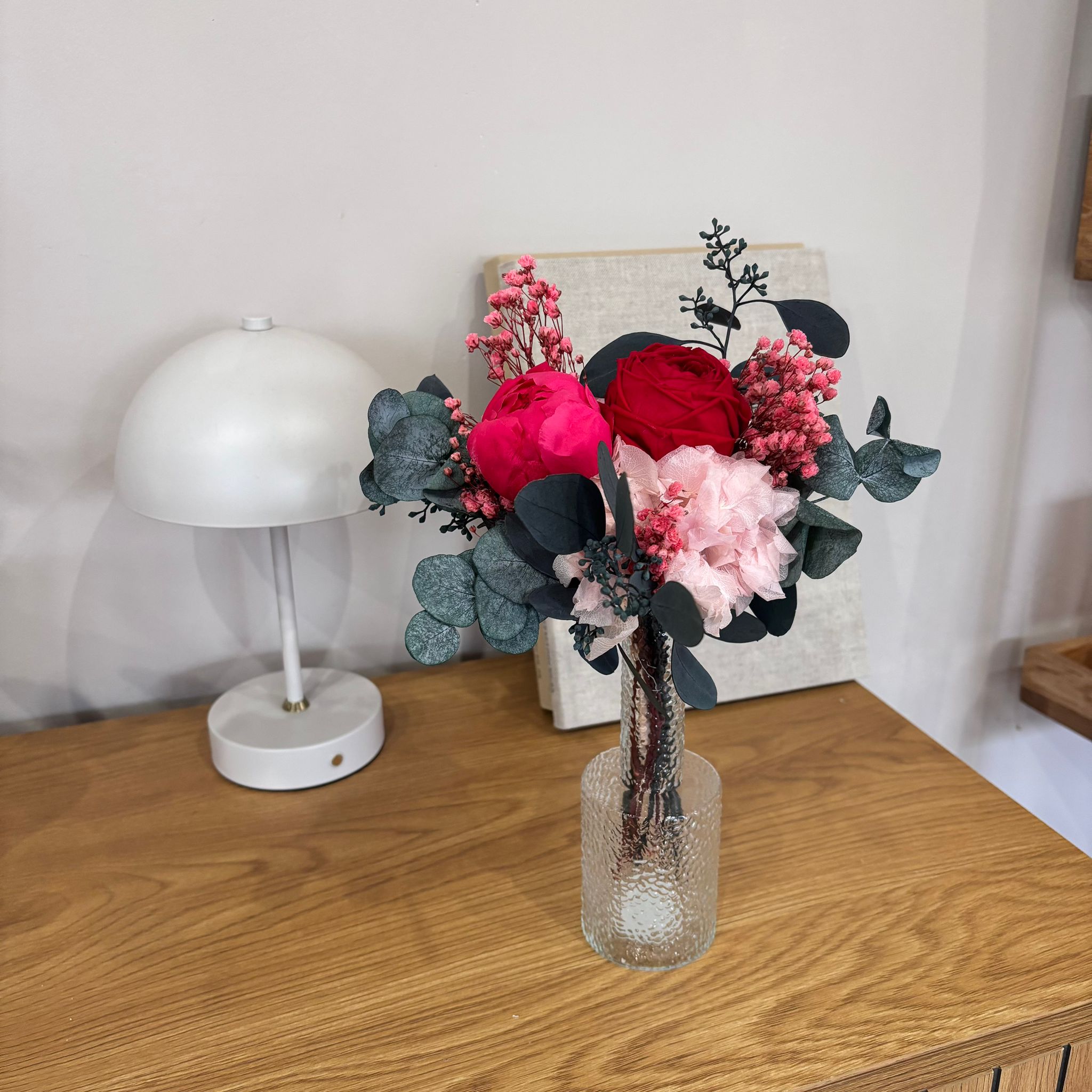 Lieblingsmensch: Trockenblumenstrauß mit Pfingstrose, Rose grün-pink (Kopie)