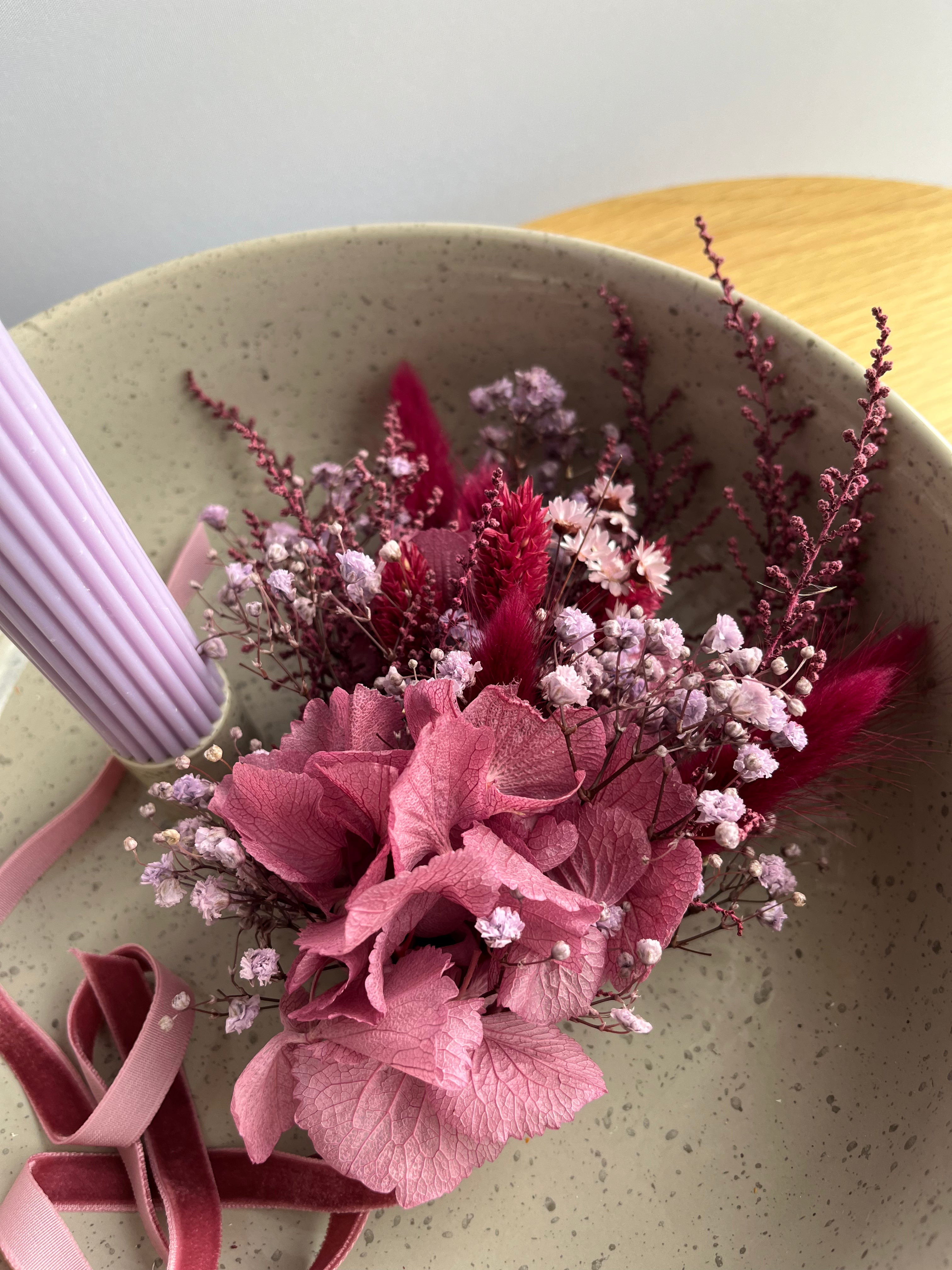 Candle holder and bowl in one - with matching arrangement purple