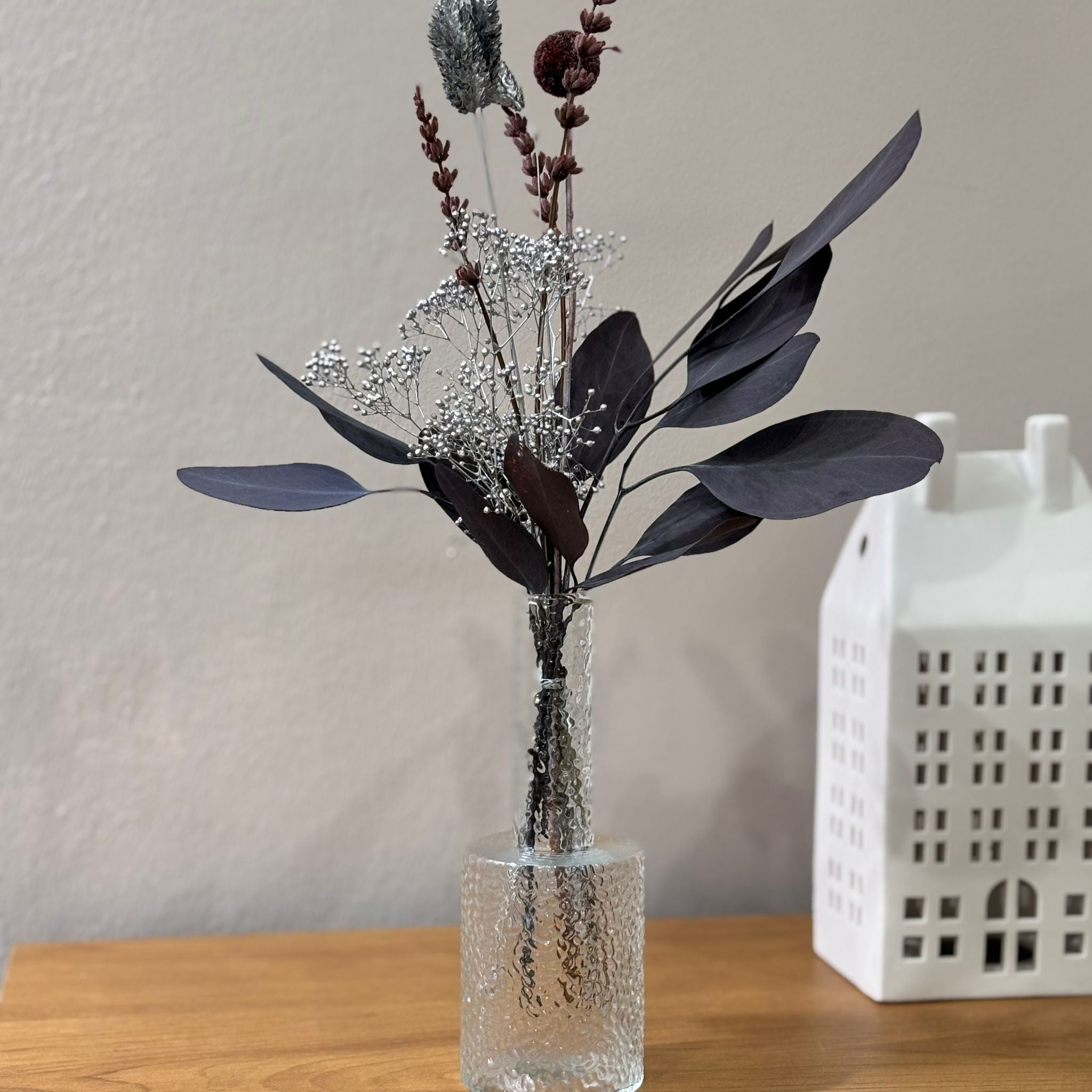 Trockenblumenstrauß Mini "Frosted Wine" bordeaux silber